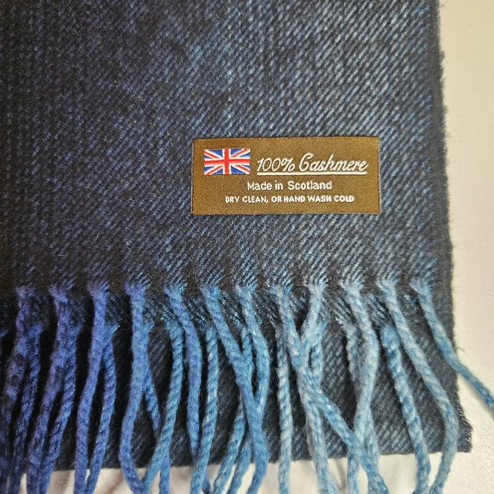 Made in Scotland 100% Cashmere Scarf Navy Blue Ombre Fringe Gradient Unisex